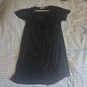 Black Ruffle Short Sleeve Faux Wrap Dress